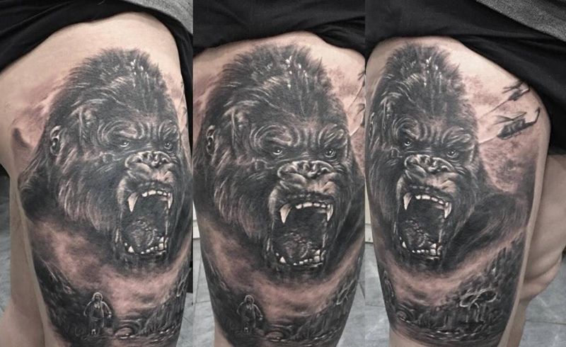 金刚～骷髅岛纹身图片_成品插画腿部欧美肖像写实人物动物原创荆州天之文纹身图案