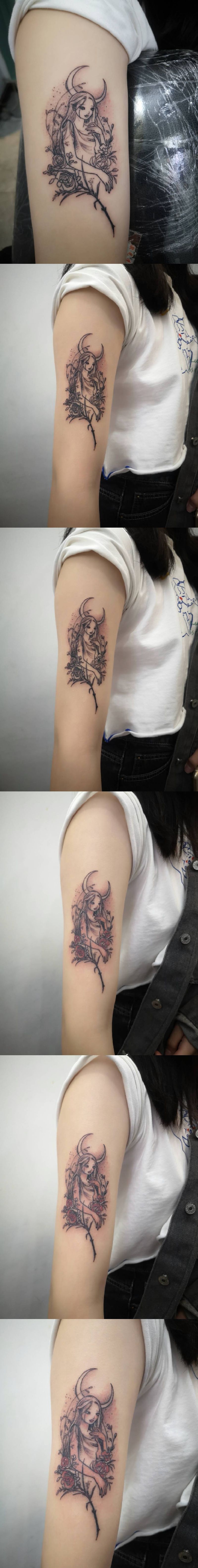 小清新美女纹身图片_手臂点刺新传统纹身图案