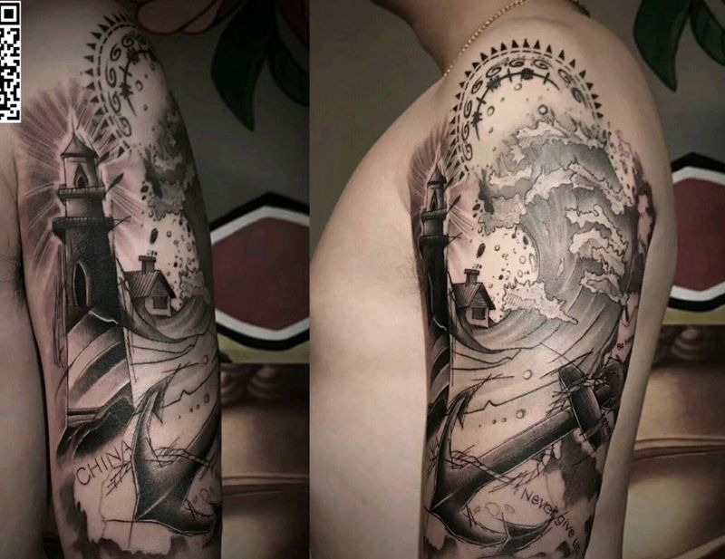 浪船锚灯塔纹身图片_手臂纹身图案