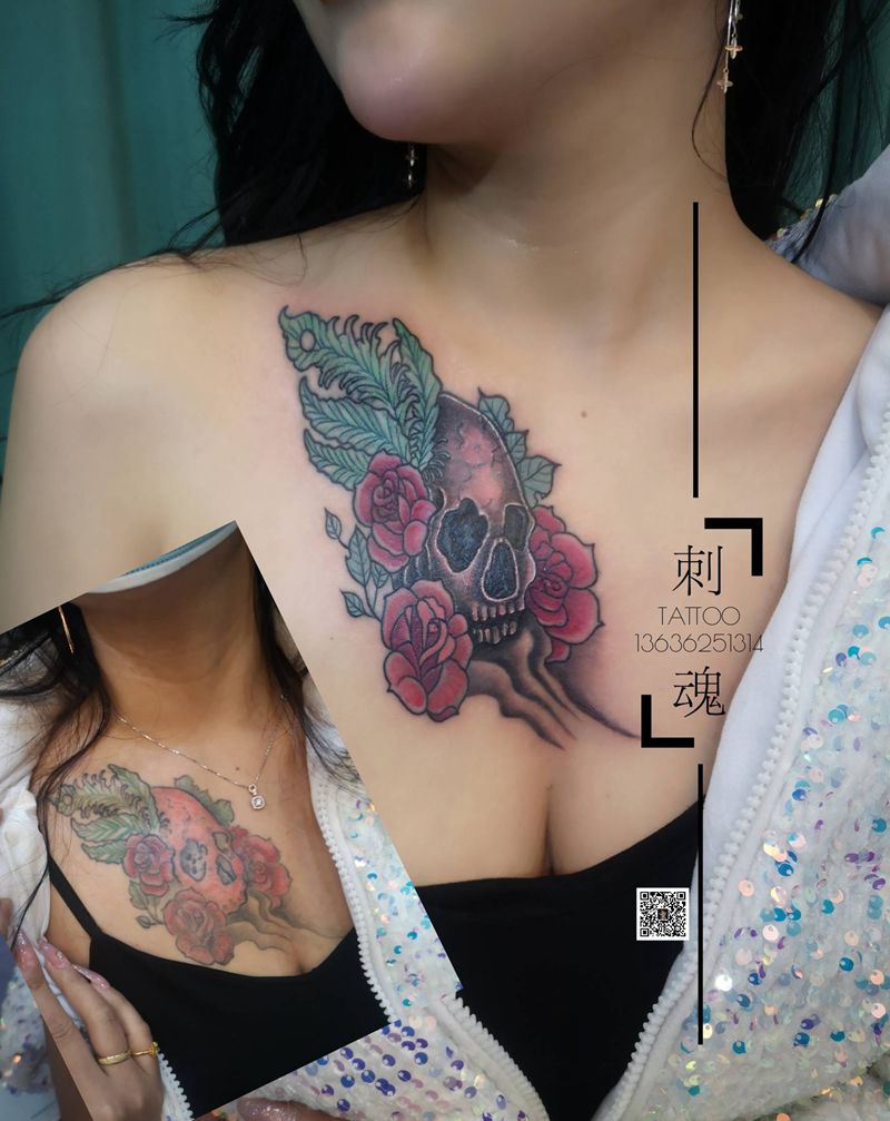 遮盖旧纹身纹身图片_胸部新传统纹身图案