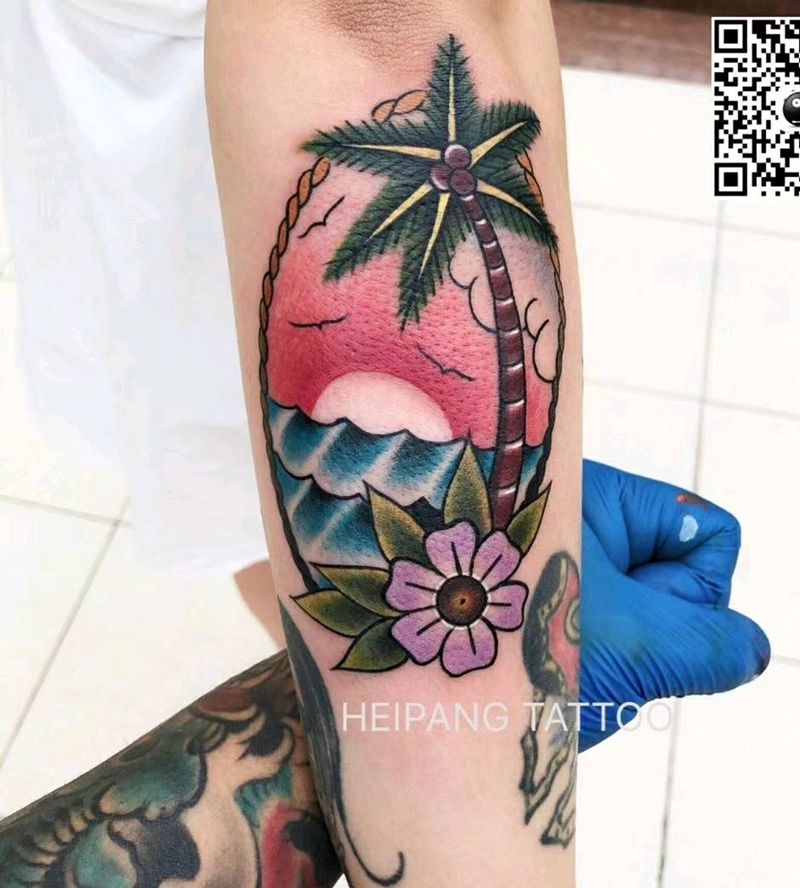 椰子树浪纹身图片_手臂纹身图案