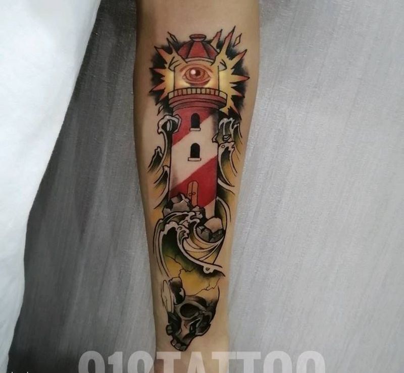灯塔纹身图片_手臂New School灯塔纹身图案