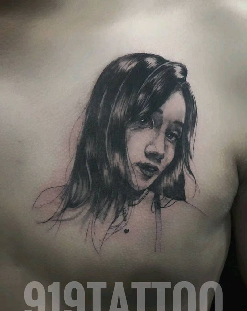 女朋友肖像纹身图片_胸部欧美写实肖像写实纹身图案