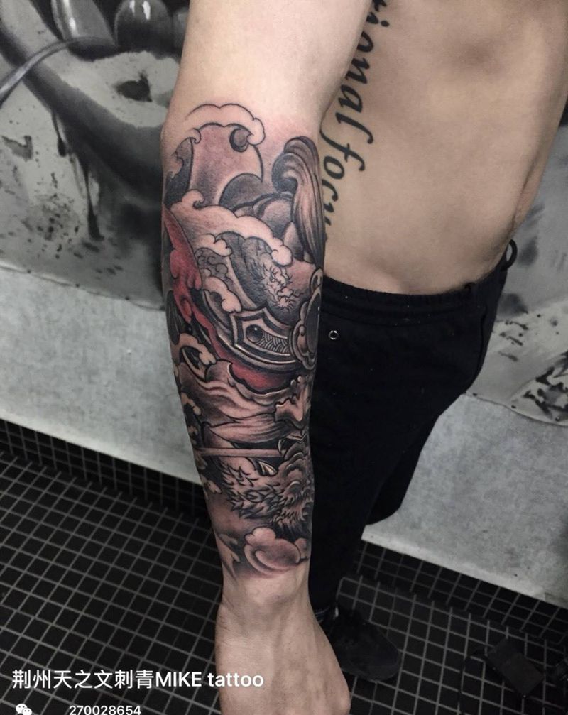 鬼武士头纹身图片_成品手臂传统人物鬼神宗教纹身图案