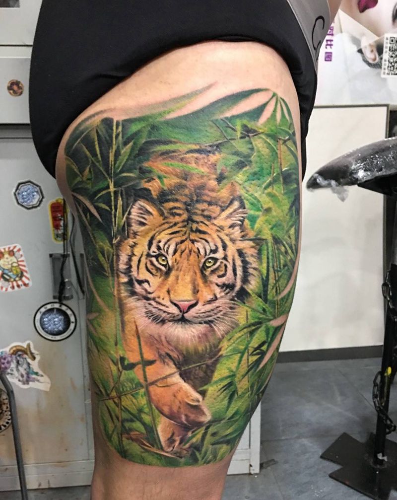 虎纹身图片_成品腿部欧美肖像写实动物荆州天之文天之文刺青女性原创纹身图案