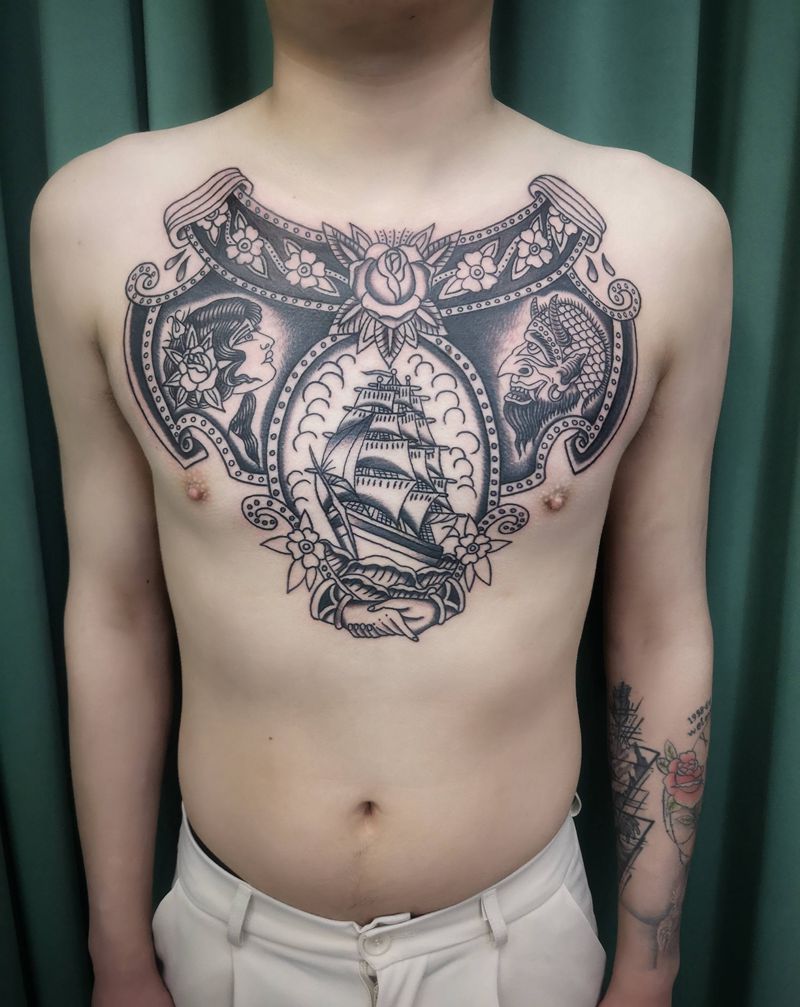 刺魂纹身作品更新纹身图片_胸部Old School纹身图案