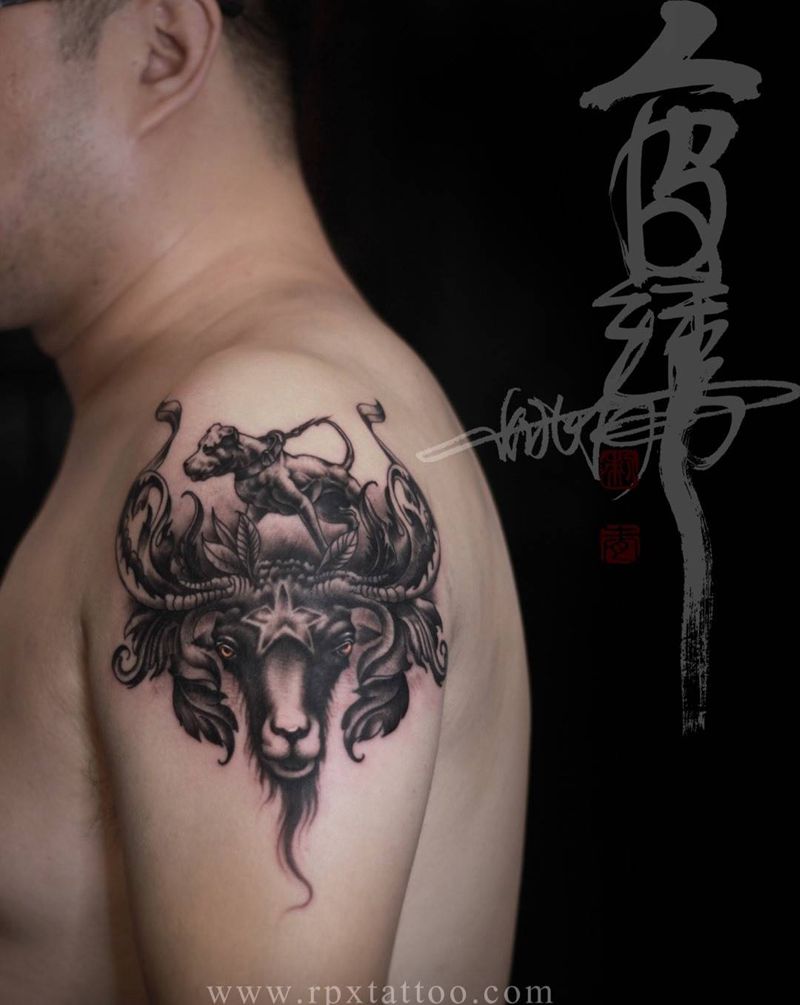 羊头比特犬纹身图片_欧美动物手部手臂纹身图案