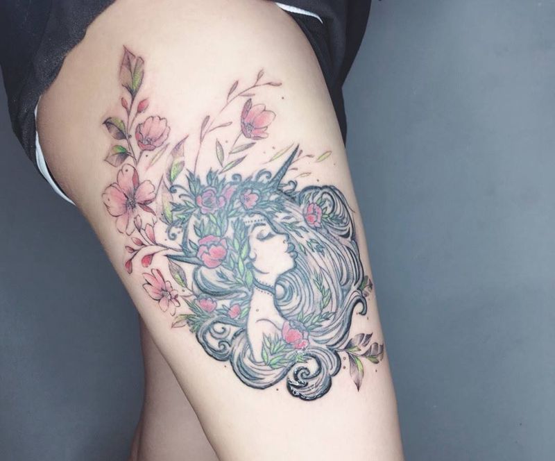 小仙女纹身图片_成品清新人物荆州唯刺青腿部纹身图案