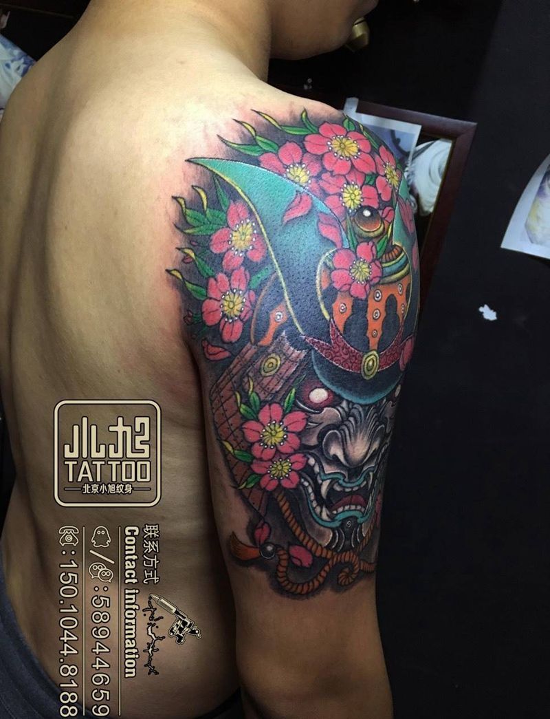 武士纹身图片_成品肩部手臂传统人物鬼神纹身图案