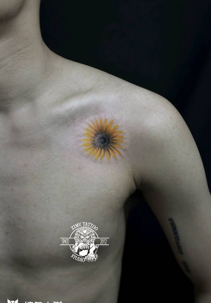 向日葵彩色小清新纹身图片_水彩New School纹身图案