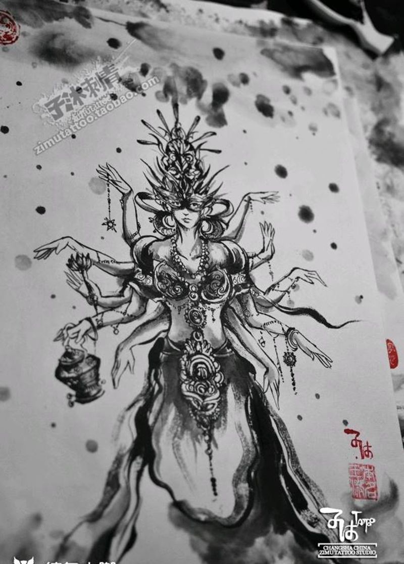 毛笔水墨涂鸦 千手女神纹身图片_手稿插画纹身图案