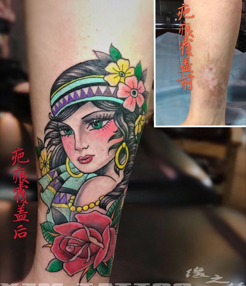 大美妞&覆盖疤痕纹身图片_腿部Old School纹身图案