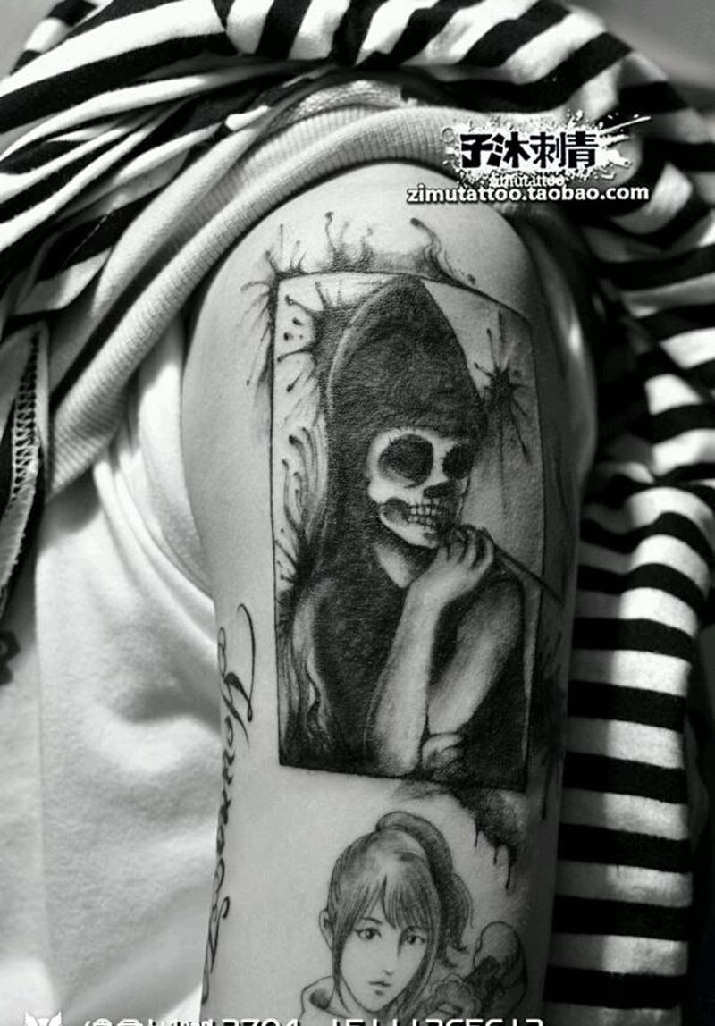 泼墨死神的烟斗 耗时1.6纹身图片_手臂成品纹身图案