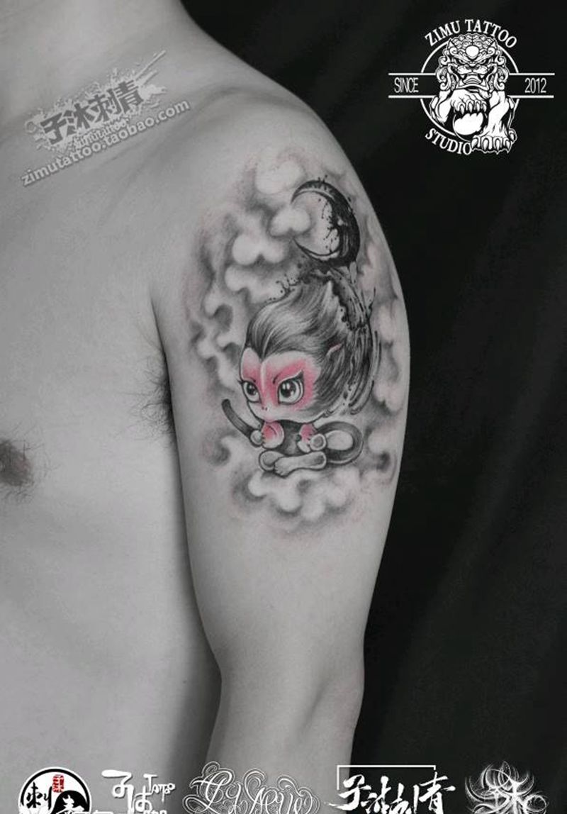 水墨猴子月亮纹身图片_水墨纹身图案