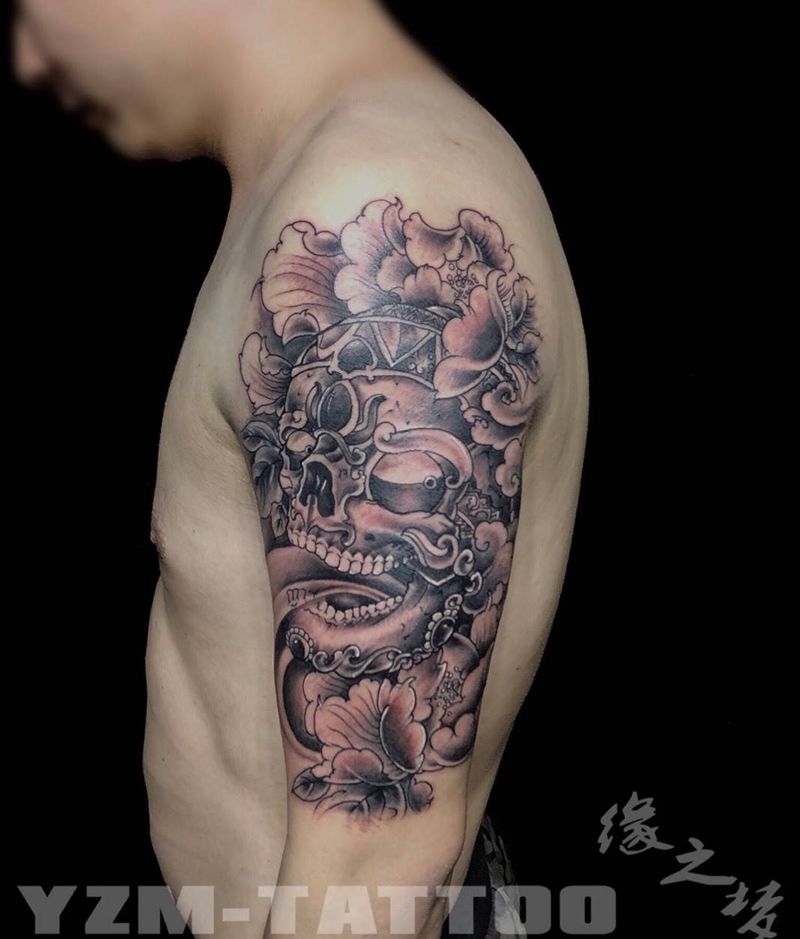 嘎巴拉纹身图片_成品手臂传统鬼神人物纹身图案