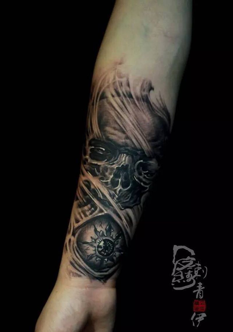 骷髅纹身图片_原创鬼神欧美手部手臂纹身图案