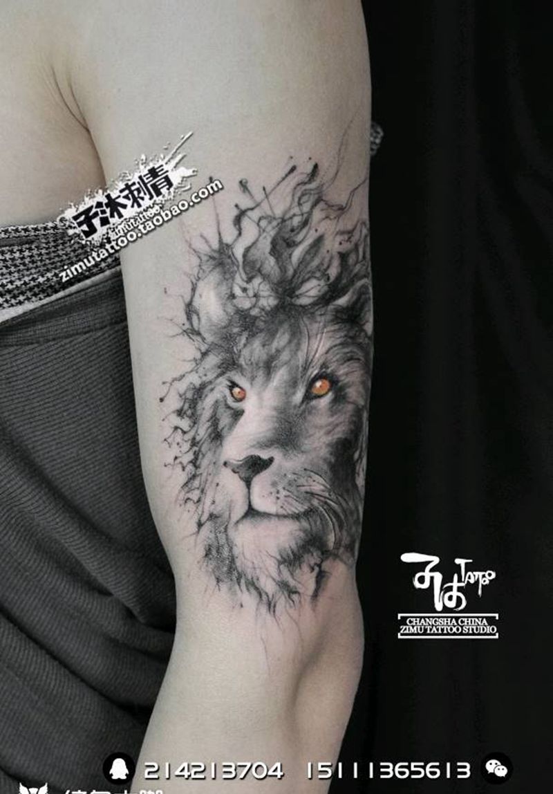 泼墨涂鸦 雄狮子沐刺青 耗时纹身图片_手臂欧美传统原创泼墨成品纹身图案