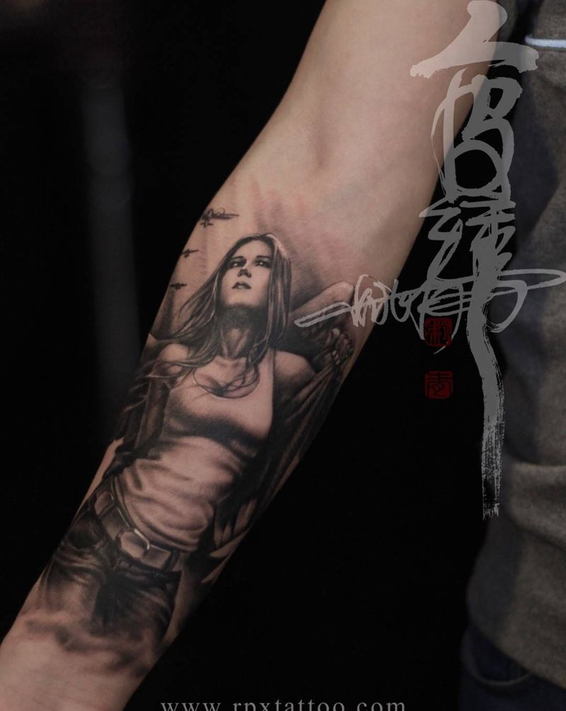 和平天使包小臂纹身图片_成品手臂手部欧美写实肖像人物原创纹身图案