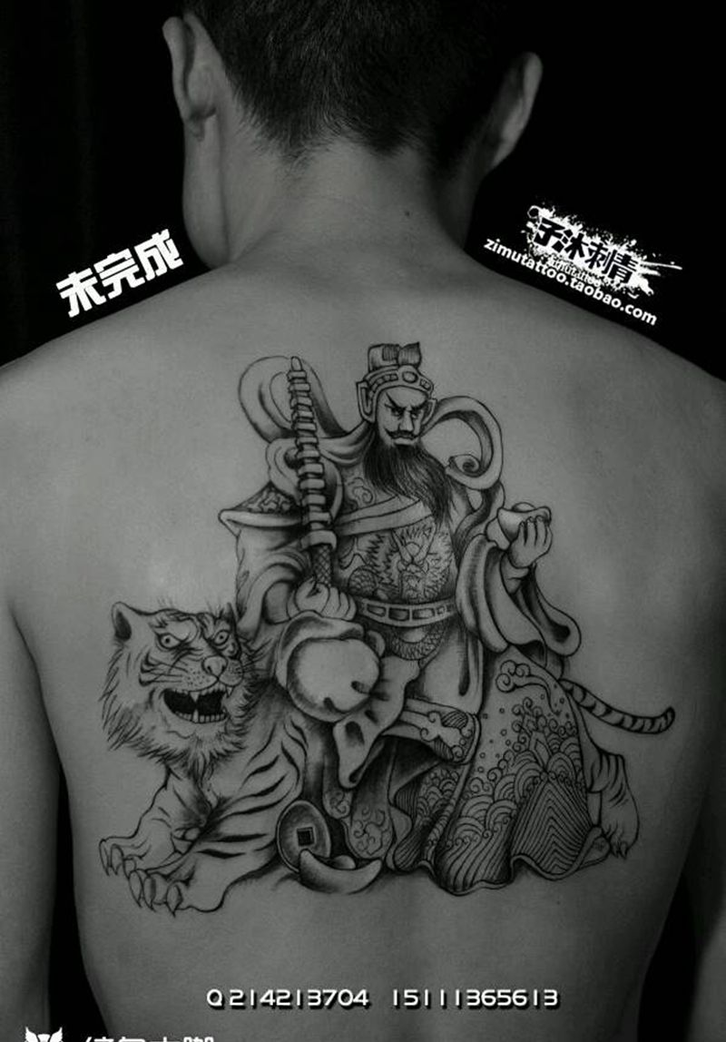 未完成 财神 赵公明纹身图片_背部欧美传统肖像人物鬼神宗教成品纹身图案