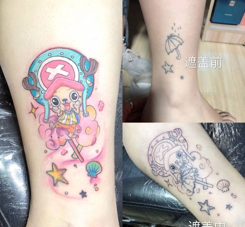 遮盖纹身图片_腿部New School纹身图案