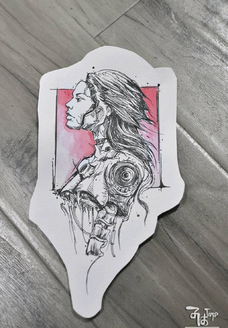 机械女战士未来科技纹身图片_New School几何纹身图案