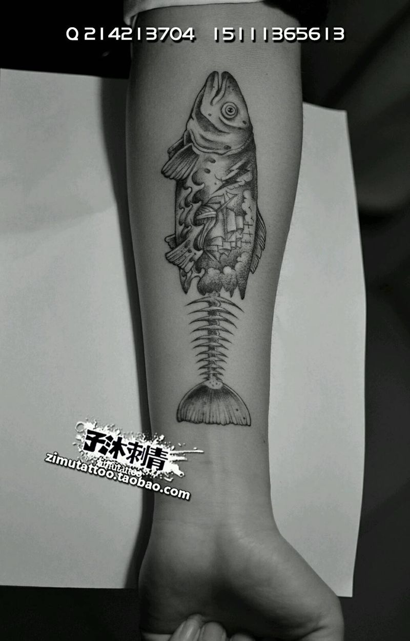 鱼的世界耗时2.0纹身图片_手臂欧美动物成品纹身图案