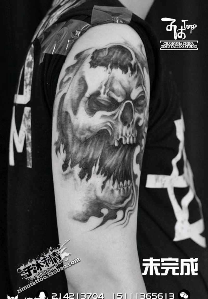 耗时3.7  烈焰大骷髅 未完纹身图片_成品纹身图案