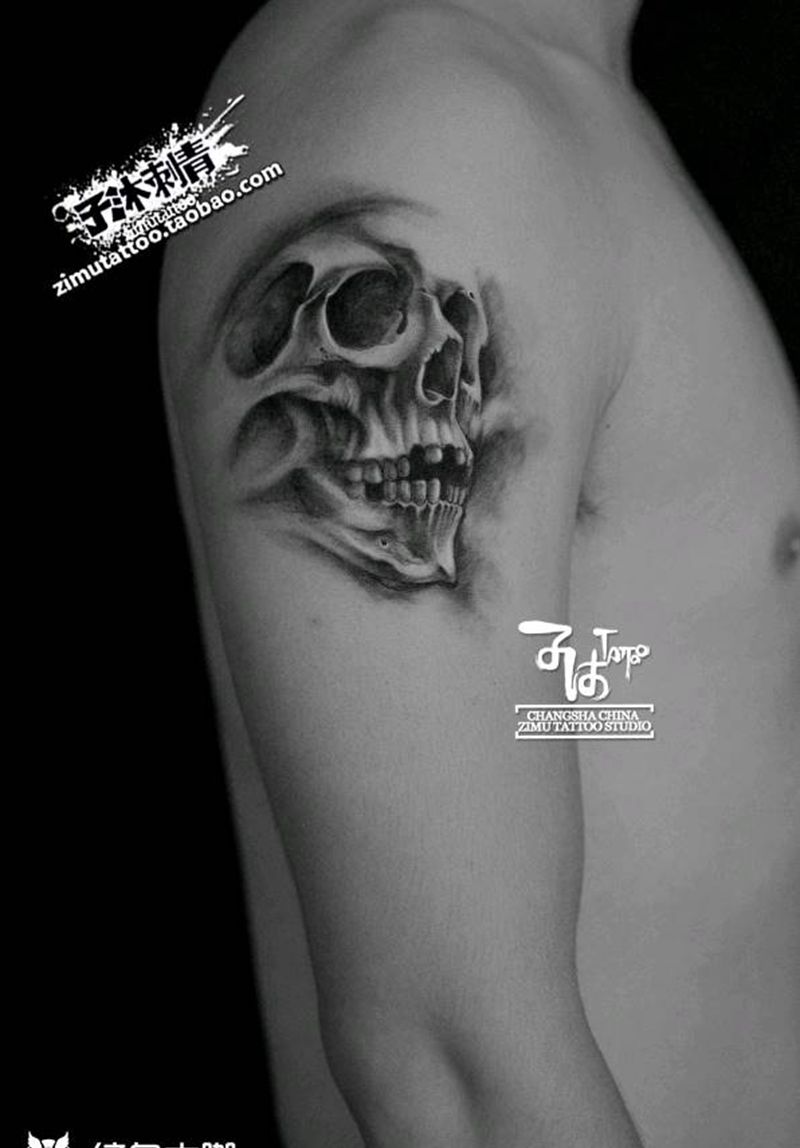 头骨骷髅的纯粹 黑灰写实纹身图片_成品纹身图案