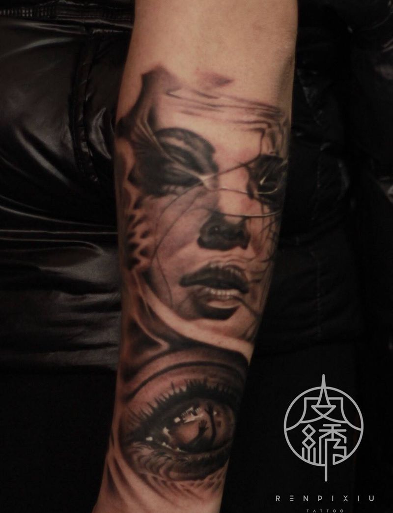 欧美肖像纹身图片_插画手臂手部欧美肖像写实人物纹身图案