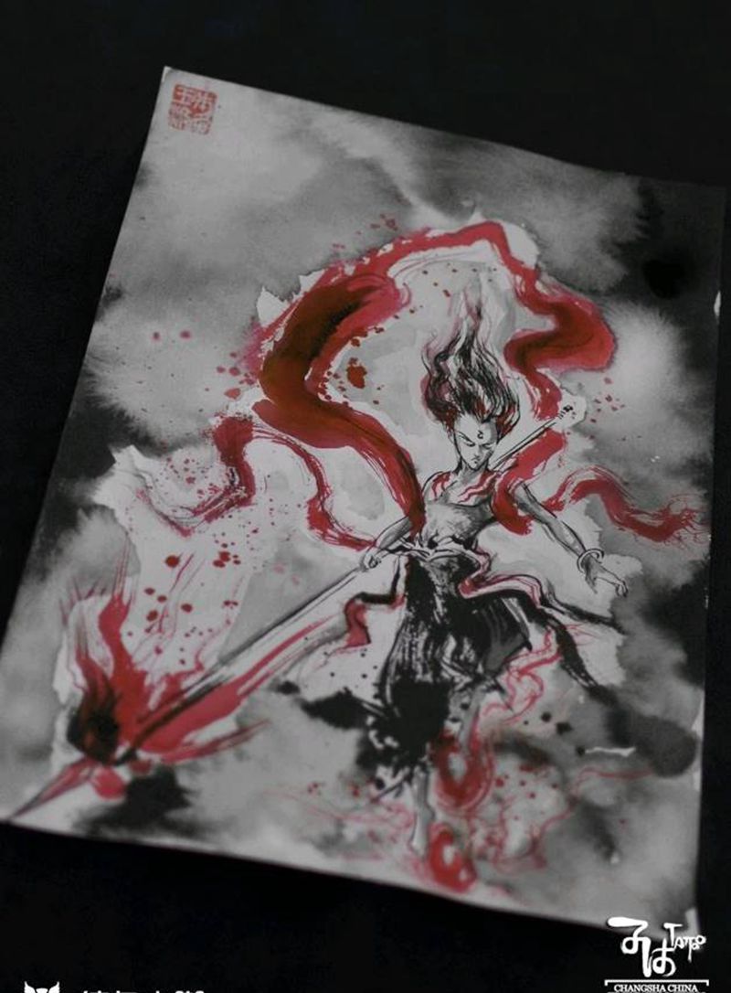 哪吒之魔童降世 泼墨手绘手稿纹身图片_水墨纹身图案