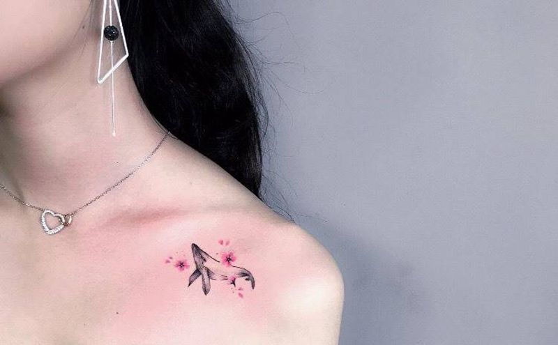 鲸鱼纹身图片_成品肩部清新原创荆州唯刺青纹身图案