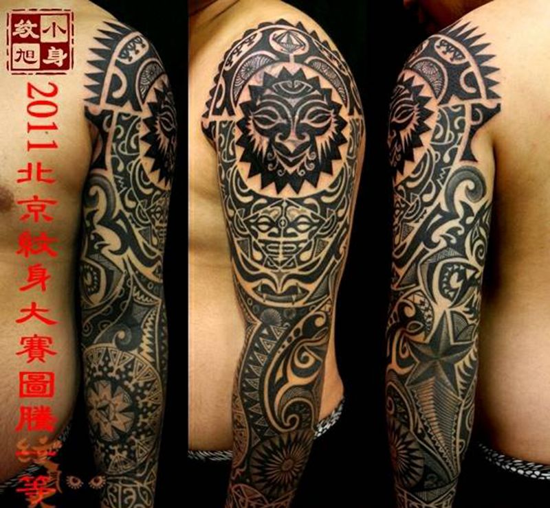 北京小旭纹身~玛雅图腾作品纹身图片_传统习俗肩部背部手臂图腾纹身图案