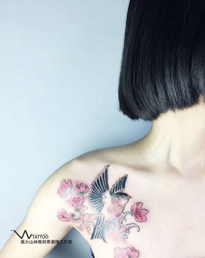 喜鹊纹身图片_成品肩部传统动物荆州唯刺青纹身图案