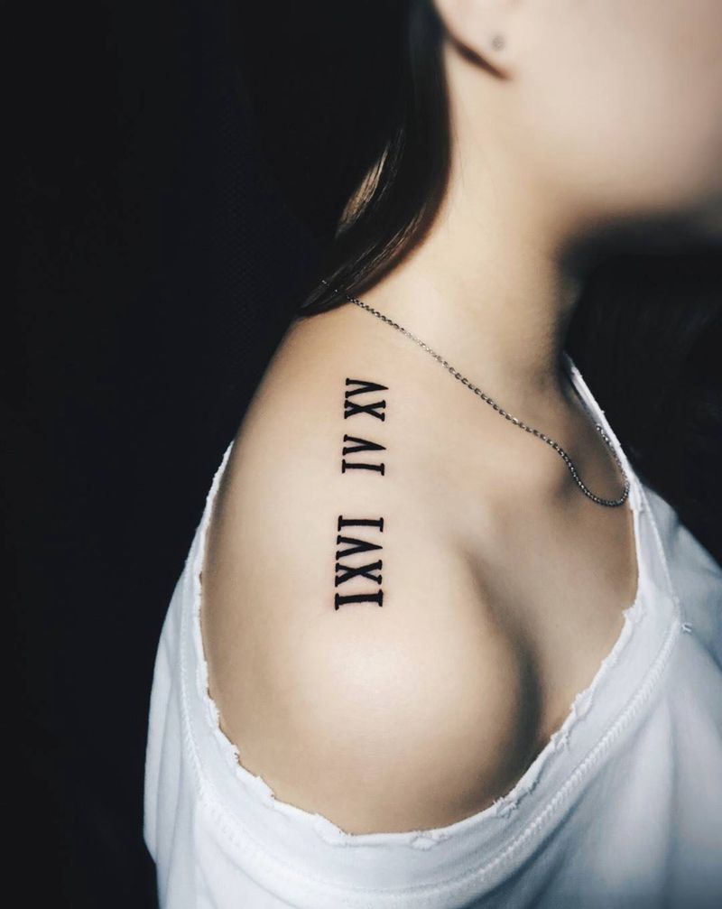 羅馬數字纹身图片_手稿肩部清新字符纹身图案