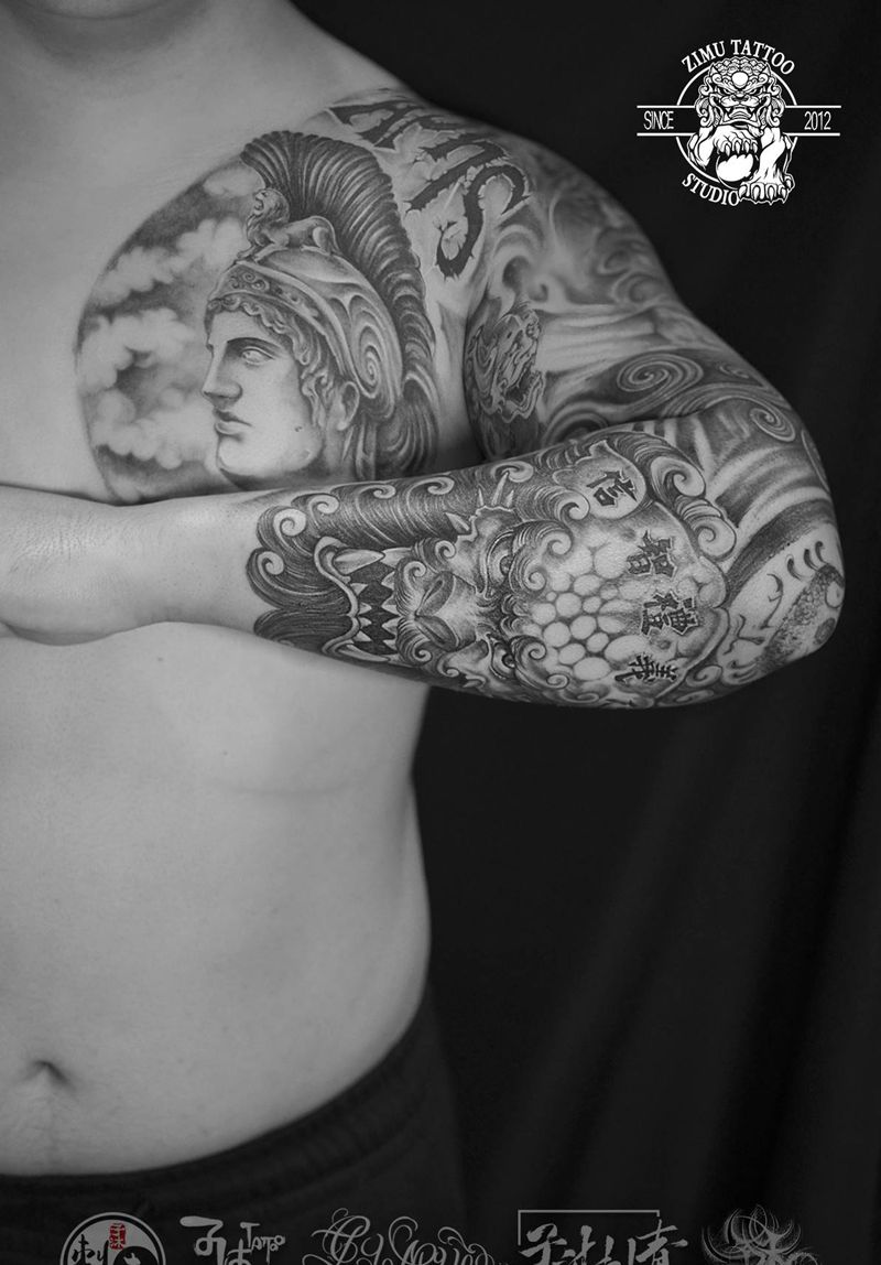 花臂神话元素纹身图片_New School欧美写实纹身图案