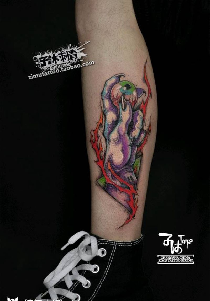 彩色暗黑new 手爪眼球纹身图片_New School新传统纹身图案