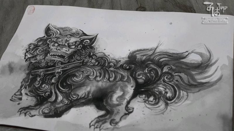 福狮唐狮子狻猊神兽纹身图片_水墨新传统纹身图案