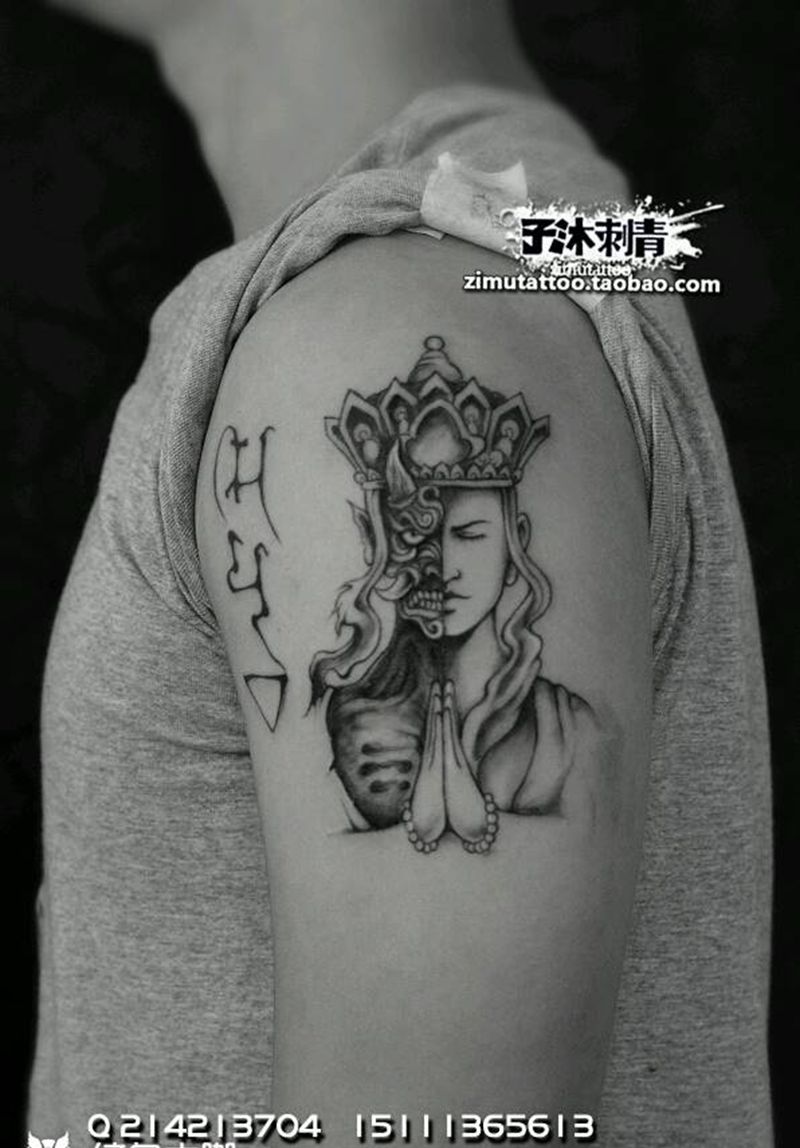 花开生两面,人生佛魔间。纹身图片_手臂欧美肖像人物鬼神宗教成品纹身图案