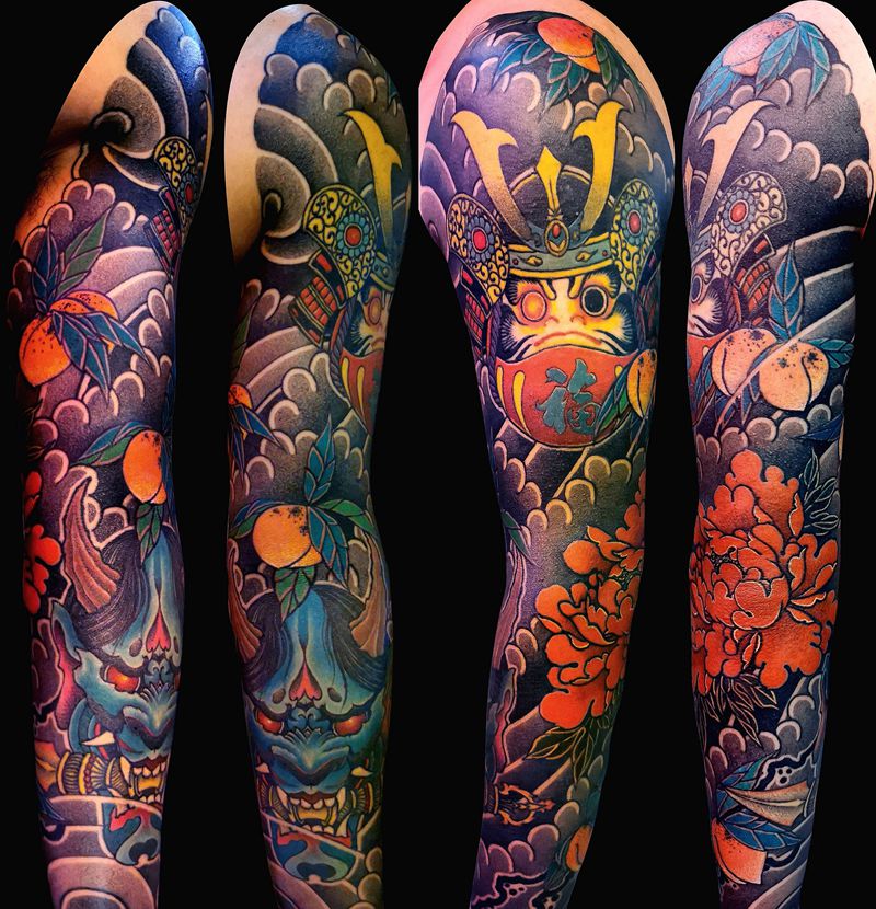 圆三打雾~花臂纹身图片_手臂老传统长沙长沙学老传统花臂纹身图案