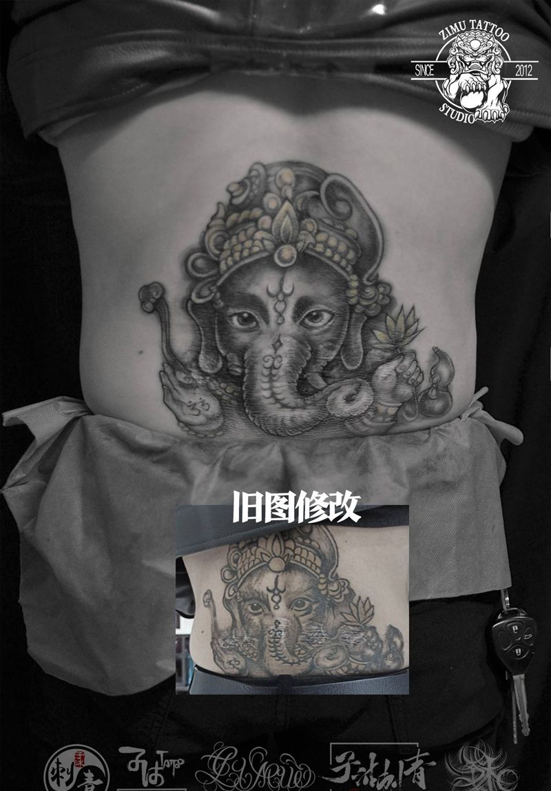 遮盖修改旧图修复象神写实纹身图片_背部欧美写实新传统纹身图案