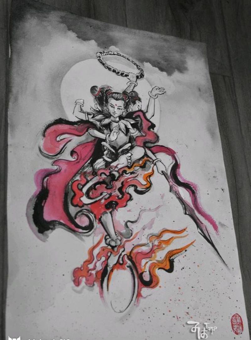 乾坤圈 火尖枪 混天绫 风火轮纹身图片_新传统水墨纹身图案