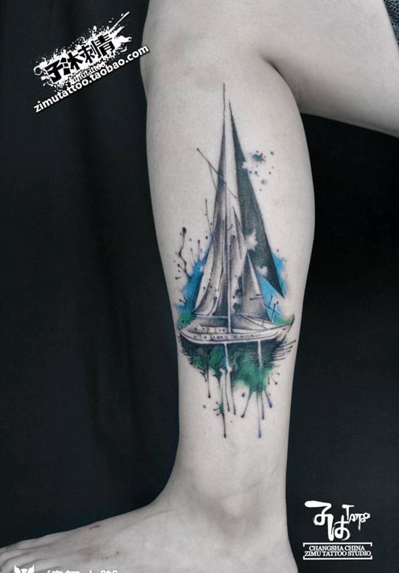 帆船 泼墨 水彩 抽象  小腿纹身图片