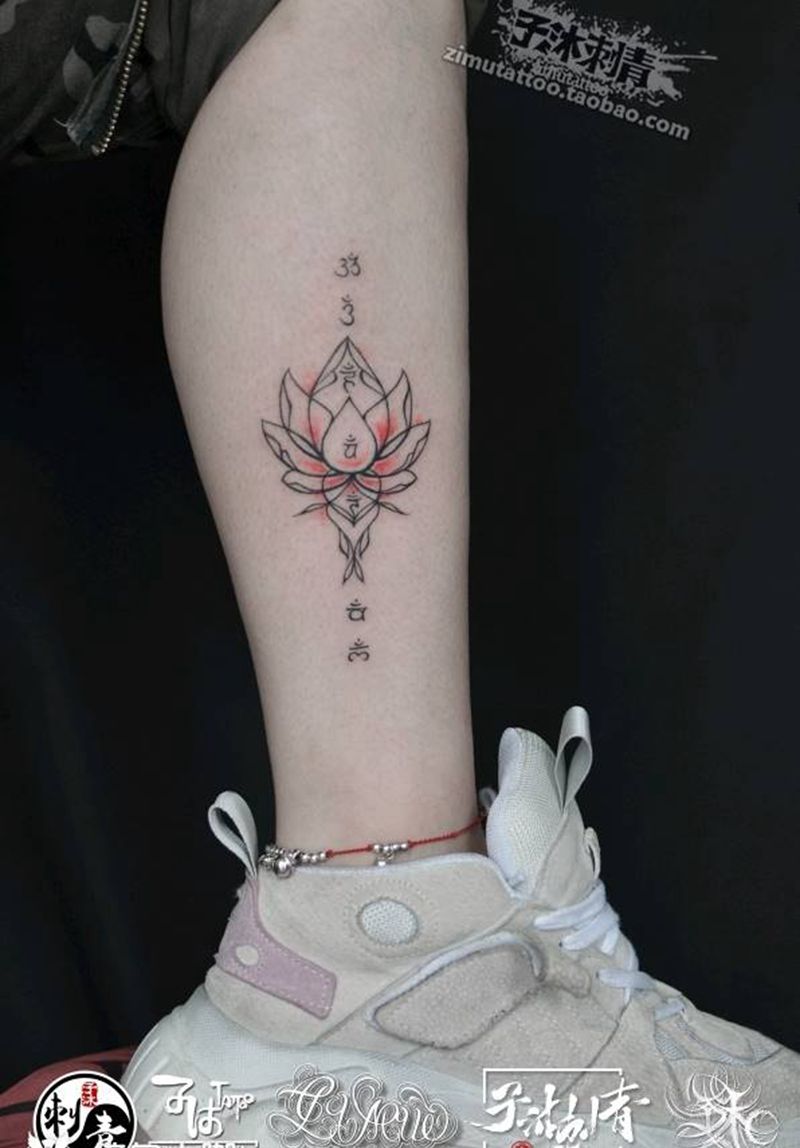 莲花荷花梵文小腿彩色线条纹身图片_几何纹身图案