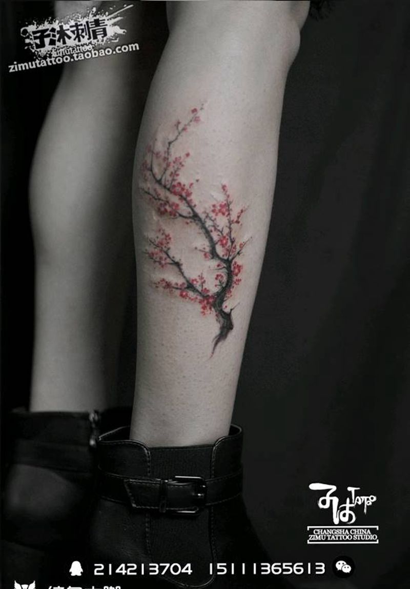 遮盖疤痕 一枝红梅 耗时1.0纹身图片