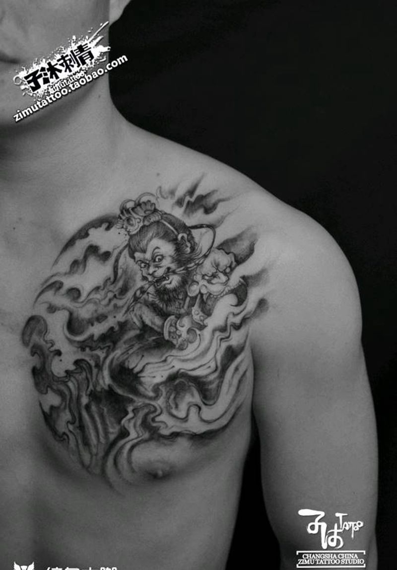 遮盖旧纹身 泼墨齐天大圣纹身图片_水墨纹身图案