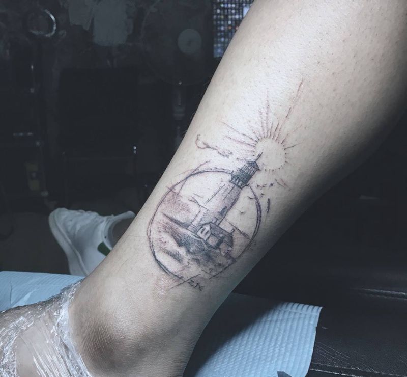 随性灯塔纹身图片_成品插画原创荆州唯刺青习俗纹身图案