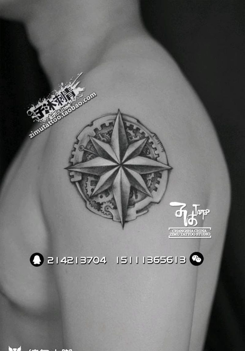 耗时2.0 机械指南针纹身图片