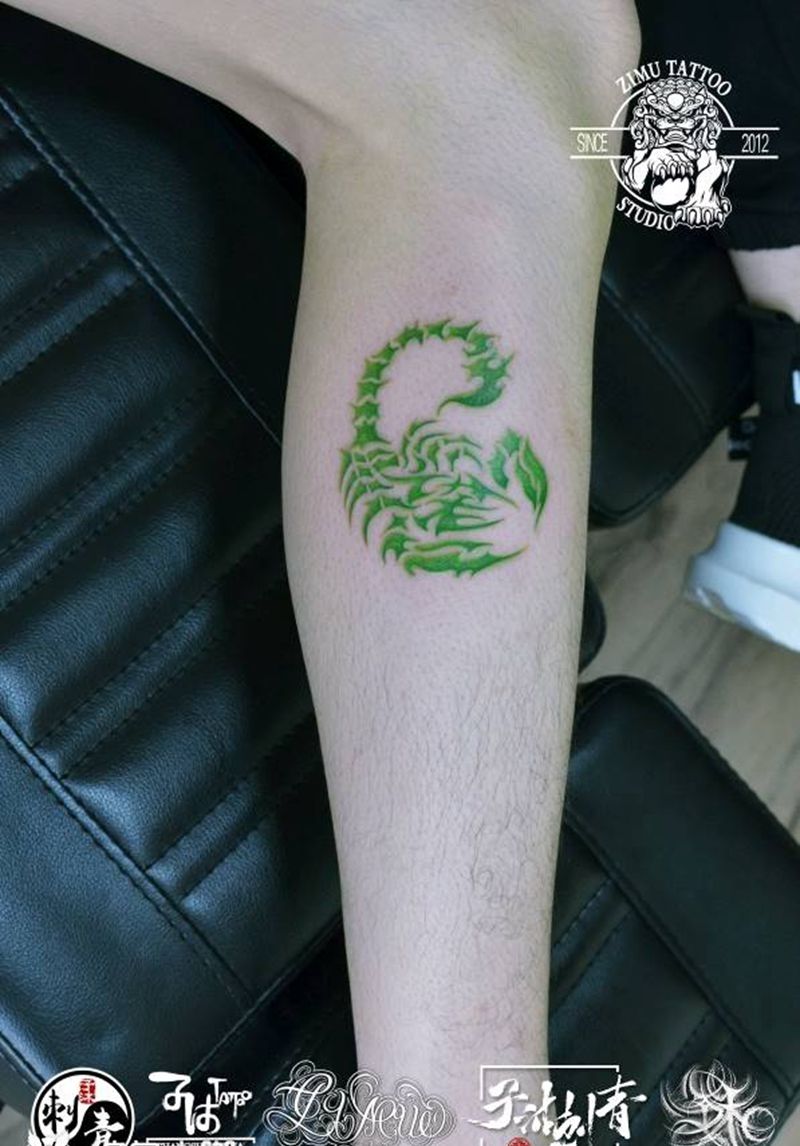 绿色蝎子 汉字中文纹身图片_几何纹身图案
