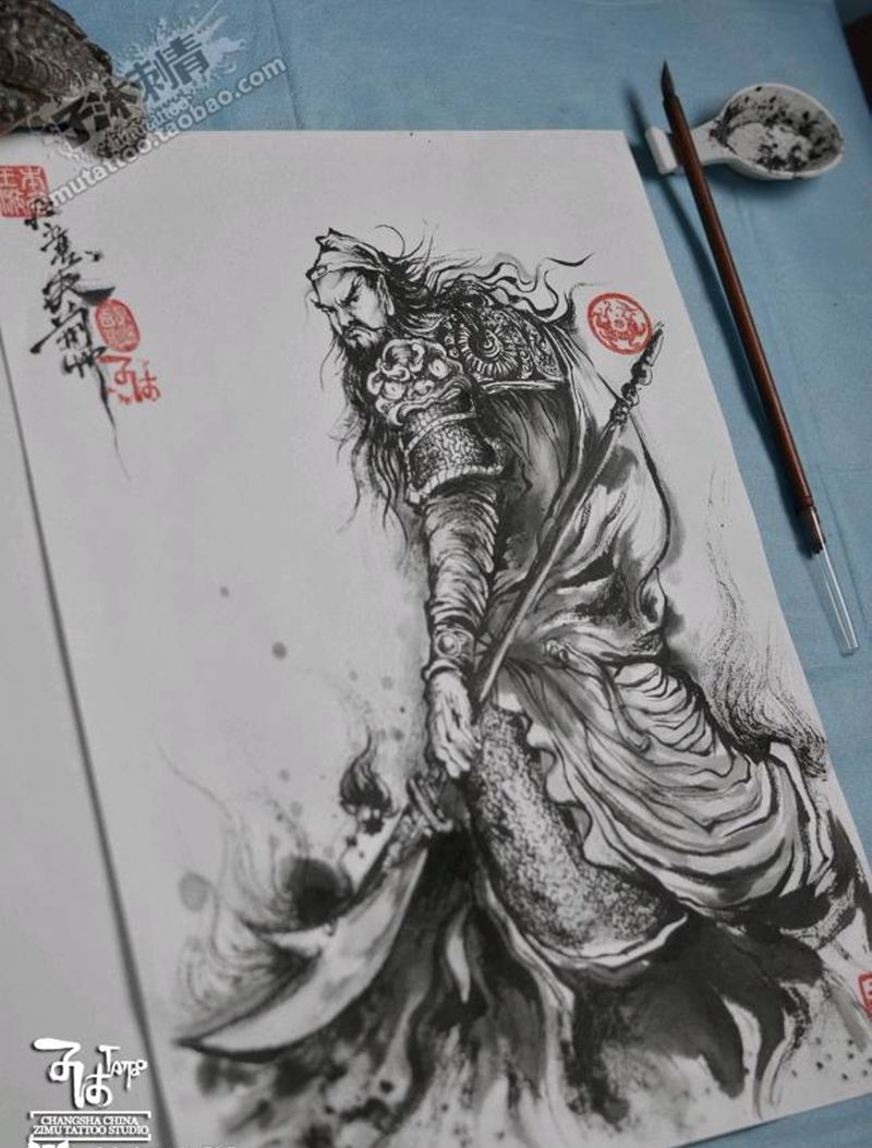 水墨涂鸦 《大意失荆州》 云纹身图片_人物鬼神泼墨手稿插画纹身图案
