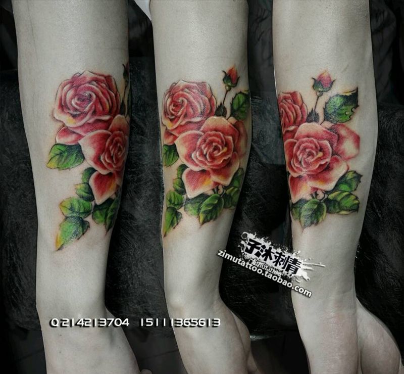 蔷薇之恋纹身图片_手臂欧美传统写实植物静物原创泼墨成品纹身图案
